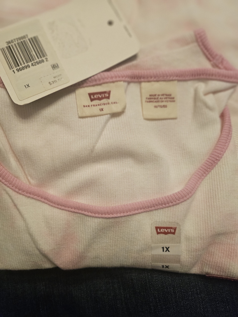 Levi's White Ribbed Cotton Tank Top with Pink Trim - 1X